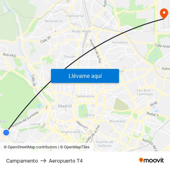 Campamento to Aeropuerto T4 map