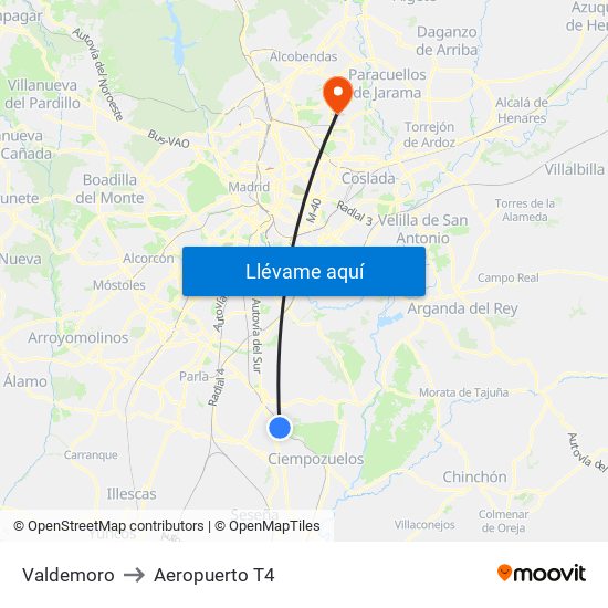 Valdemoro to Aeropuerto T4 map