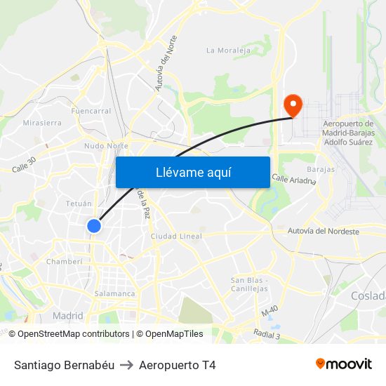 Santiago Bernabéu to Aeropuerto T4 map