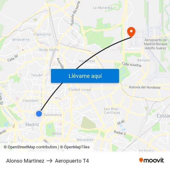Alonso Martínez to Aeropuerto T4 map