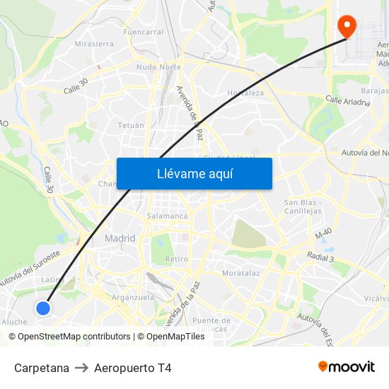 Carpetana to Aeropuerto T4 map