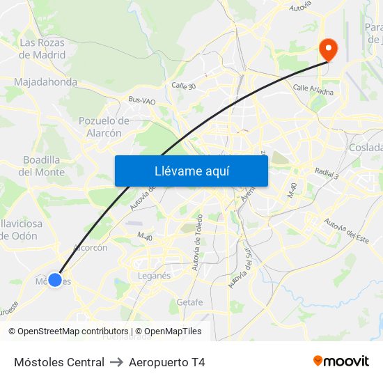 Móstoles Central to Aeropuerto T4 map