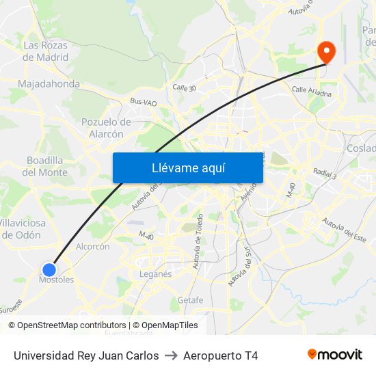 Universidad Rey Juan Carlos to Aeropuerto T4 map