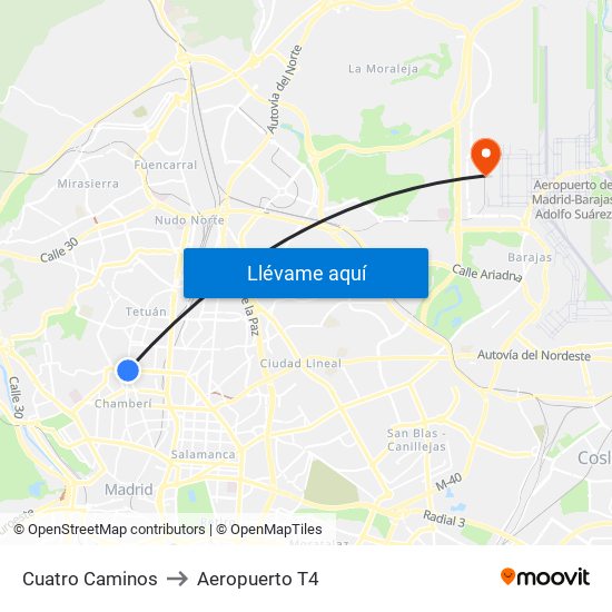 Cuatro Caminos to Aeropuerto T4 map