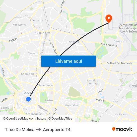 Tirso De Molina to Aeropuerto T4 map