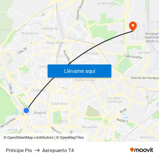 Príncipe Pío to Aeropuerto T4 map