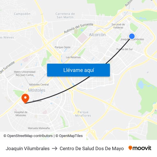 Joaquín Vilumbrales to Centro De Salud Dos De Mayo map