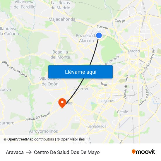 Aravaca to Centro De Salud Dos De Mayo map