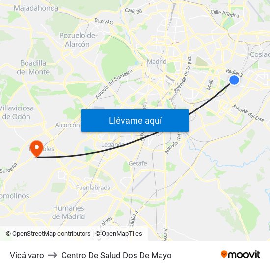Vicálvaro to Centro De Salud Dos De Mayo map