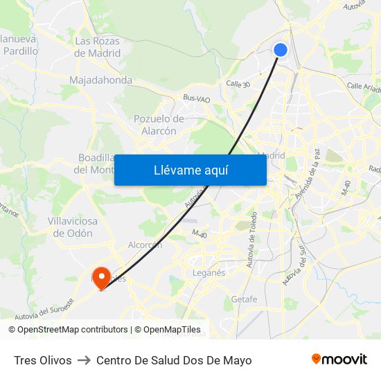 Tres Olivos to Centro De Salud Dos De Mayo map