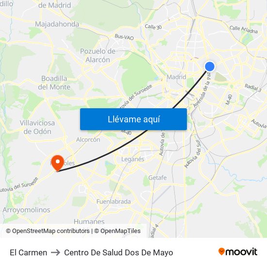 El Carmen to Centro De Salud Dos De Mayo map