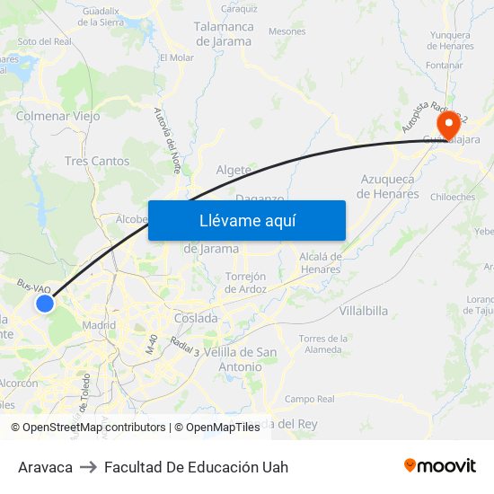 Aravaca to Facultad De Educación Uah map