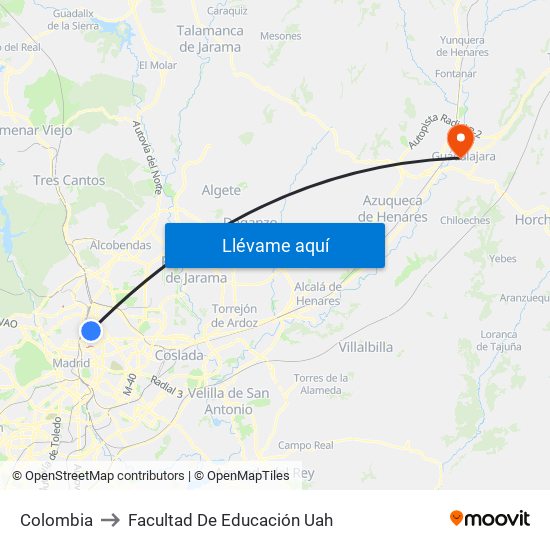 Colombia to Facultad De Educación Uah map