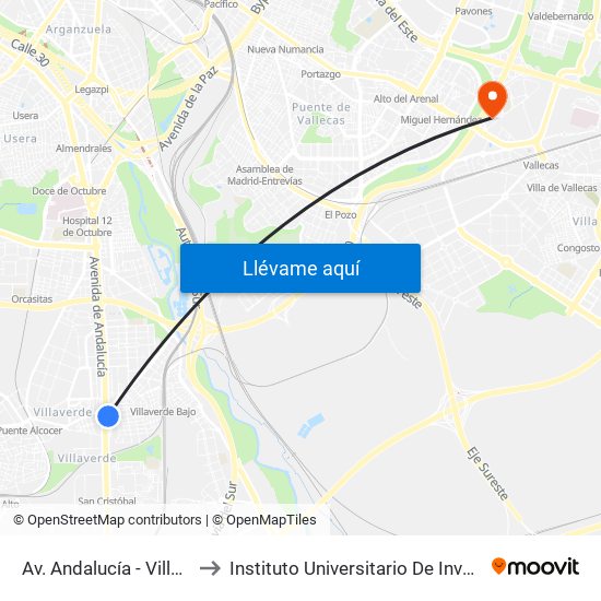 Av. Andalucía - Villaverde Bajo Cruce to Instituto Universitario De Investiagación Del Automovil map