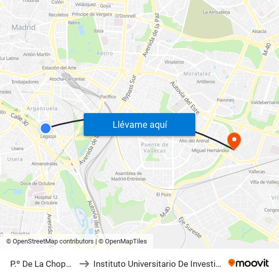P.º De La Chopera - Legazpi to Instituto Universitario De Investiagación Del Automovil map
