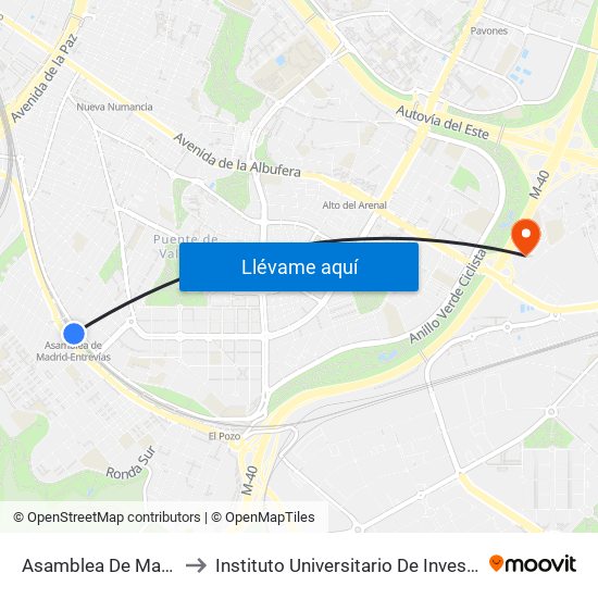 Asamblea De Madrid - Entrevías to Instituto Universitario De Investiagación Del Automovil map