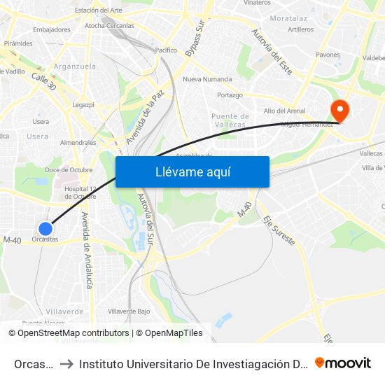 Orcasitas to Instituto Universitario De Investiagación Del Automovil map