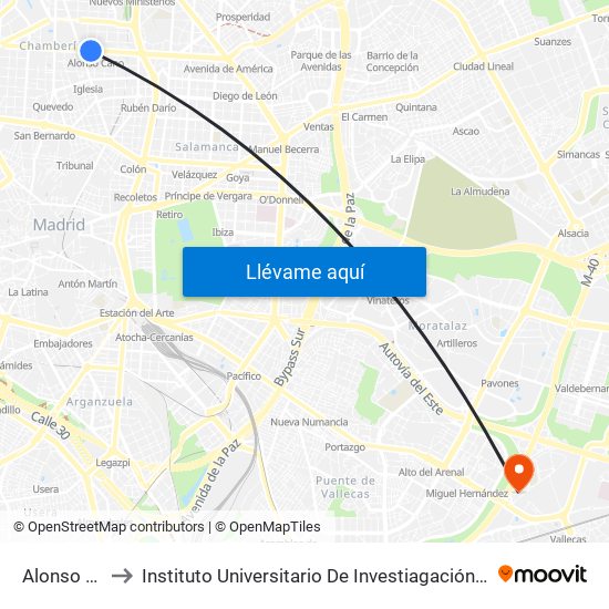 Alonso Cano to Instituto Universitario De Investiagación Del Automovil map