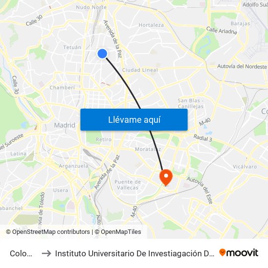 Colombia to Instituto Universitario De Investiagación Del Automovil map