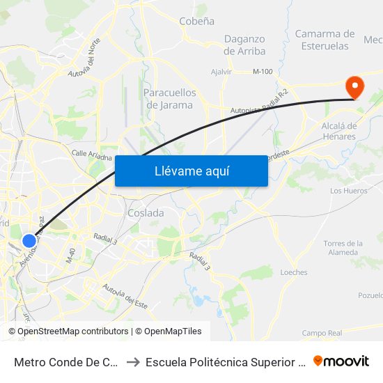 Metro Conde De Casal to Escuela Politécnica Superior - Uah map