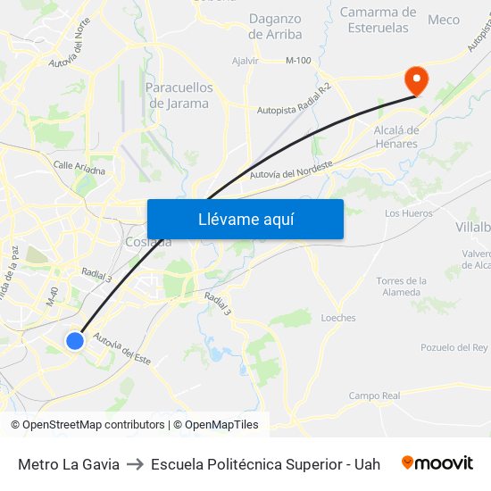 Metro La Gavia to Escuela Politécnica Superior - Uah map