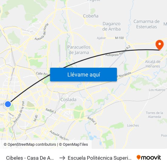 Cibeles - Casa De América to Escuela Politécnica Superior - Uah map