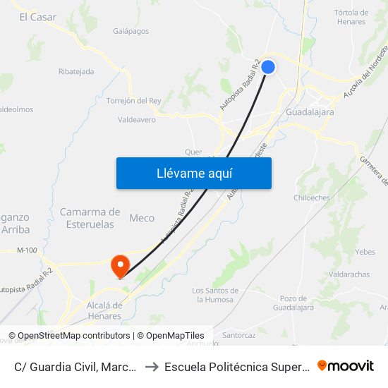 C/ Guardia Civil, Marchamalo to Escuela Politécnica Superior - Uah map