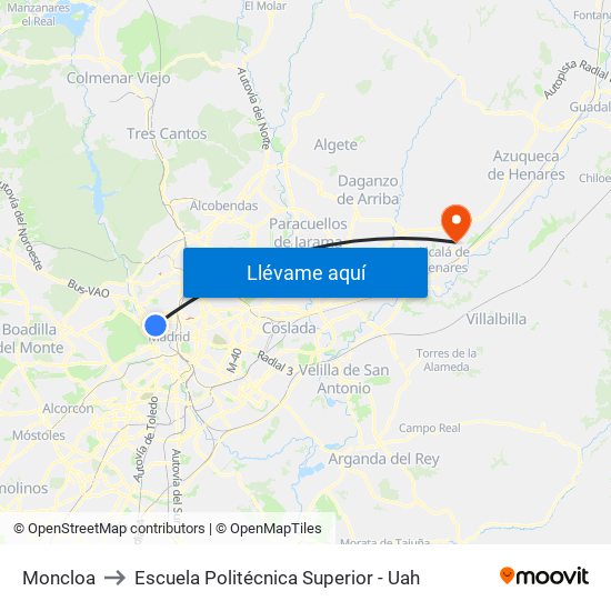 Moncloa to Escuela Politécnica Superior - Uah map