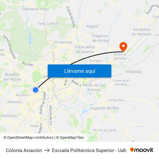 Colonia Aviación to Escuela Politécnica Superior - Uah map