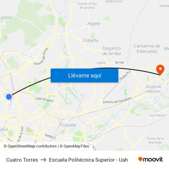 Cuatro Torres to Escuela Politécnica Superior - Uah map