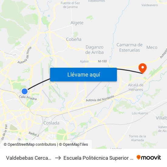 Valdebebas Cercanías to Escuela Politécnica Superior - Uah map