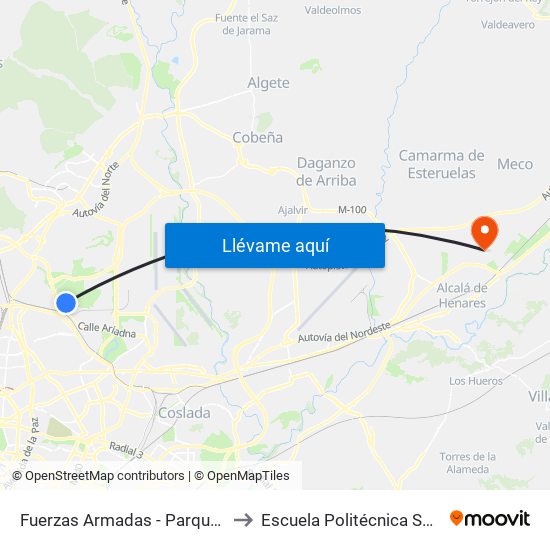 Fuerzas Armadas - Parque Valdebebas to Escuela Politécnica Superior - Uah map