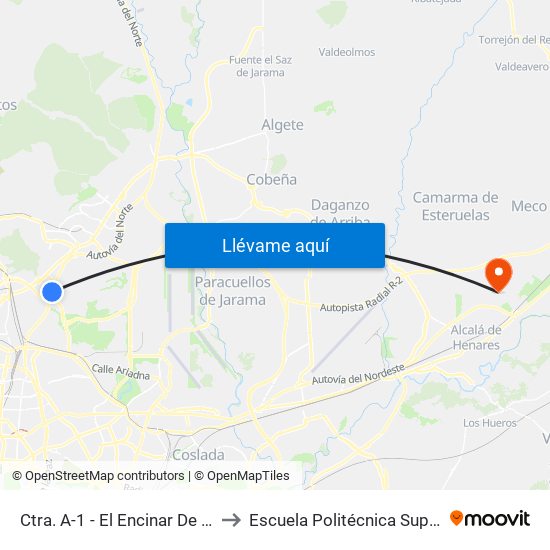 Ctra. A-1 - El Encinar De Los Reyes to Escuela Politécnica Superior - Uah map