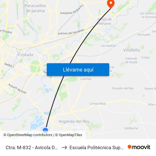 Ctra. M-832 - Avícola Del Jarama to Escuela Politécnica Superior - Uah map