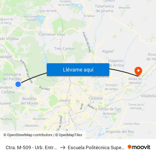 Ctra. M-509 - Urb. Entreálamos to Escuela Politécnica Superior - Uah map