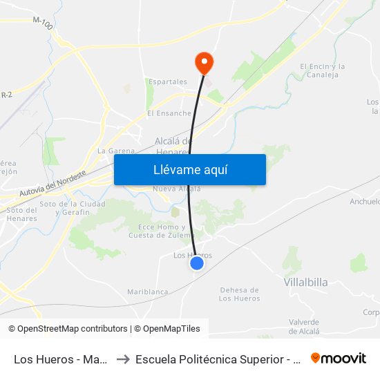 Los Hueros - Mayor to Escuela Politécnica Superior - Uah map