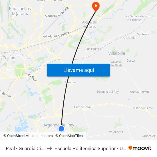 Real - Guardia Civil to Escuela Politécnica Superior - Uah map