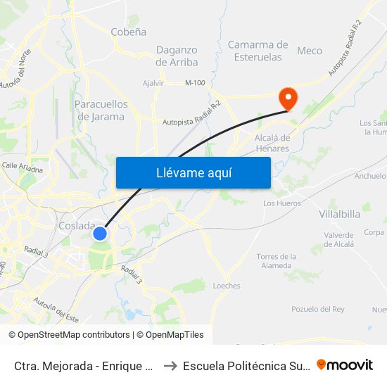 Ctra. Mejorada - Enrique Tierno Galván to Escuela Politécnica Superior - Uah map