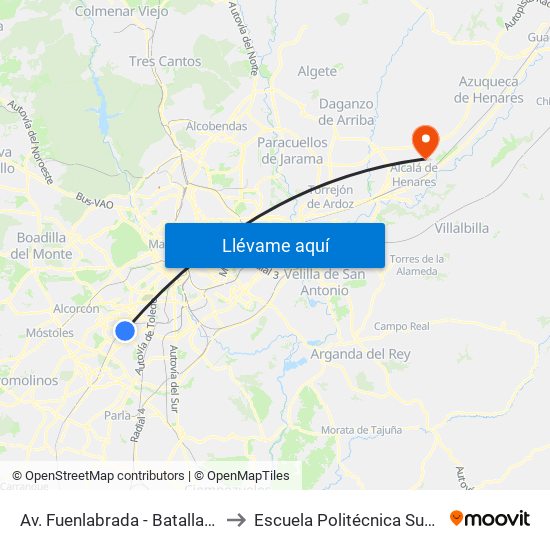 Av. Fuenlabrada - Batalla De Brunete to Escuela Politécnica Superior - Uah map