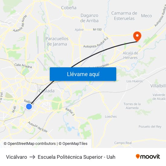 Vicálvaro to Escuela Politécnica Superior - Uah map