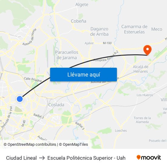 Ciudad Lineal to Escuela Politécnica Superior - Uah map
