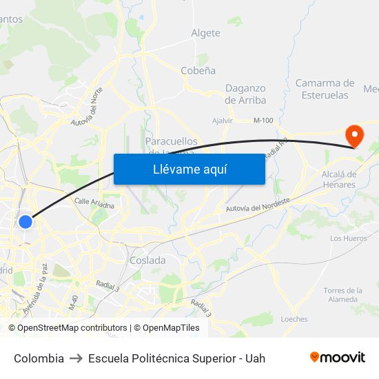 Colombia to Escuela Politécnica Superior - Uah map