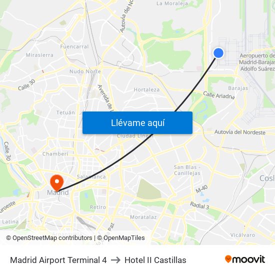 Madrid Airport Terminal 4 to Hotel II Castillas map