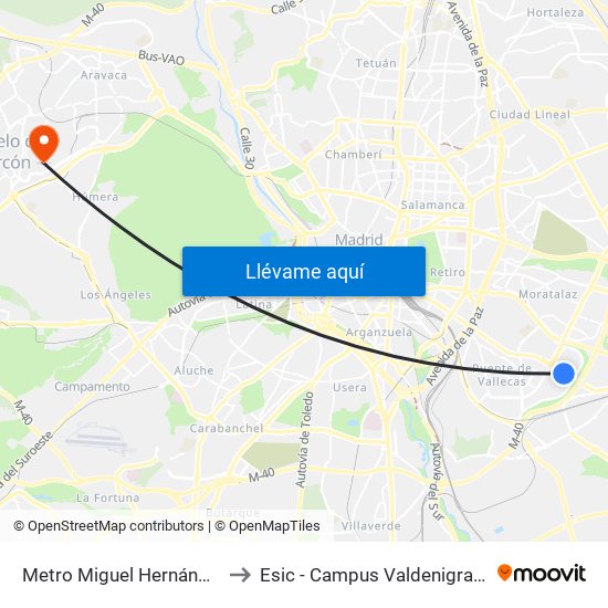 Metro Miguel Hernández to Esic - Campus Valdenigrales map