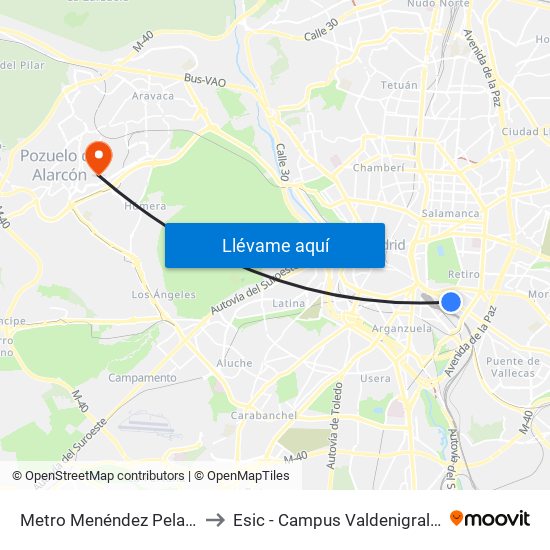 Metro Menéndez Pelayo to Esic - Campus Valdenigrales map