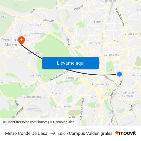 Metro Conde De Casal to Esic - Campus Valdenigrales map