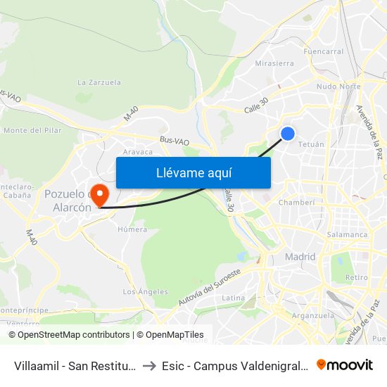 Villaamil - San Restituto to Esic - Campus Valdenigrales map