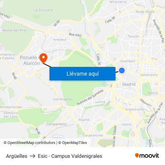 Argüelles to Esic - Campus Valdenigrales map