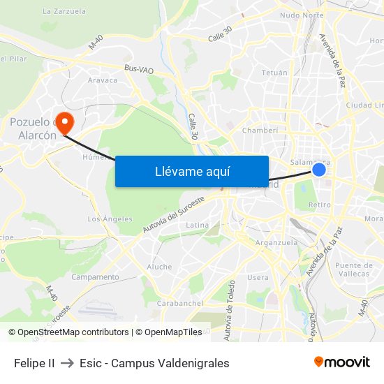 Felipe II to Esic - Campus Valdenigrales map