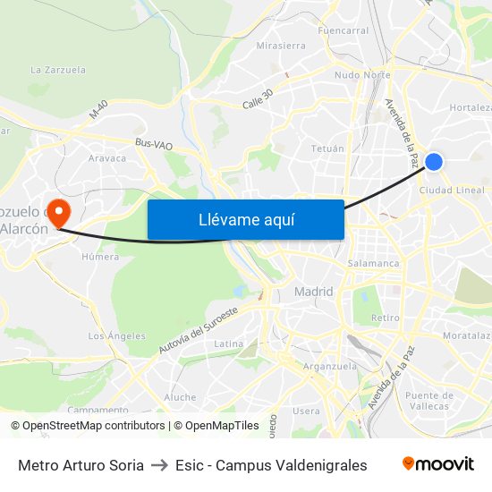 Metro Arturo Soria to Esic - Campus Valdenigrales map